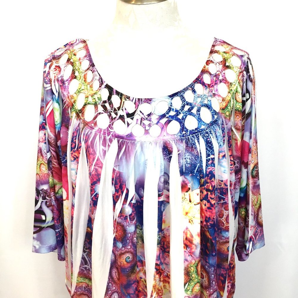 Simply Irresistible Cut Out Neckline Colorful Pink Blue Raglan Sleeve Top Sz 2XL